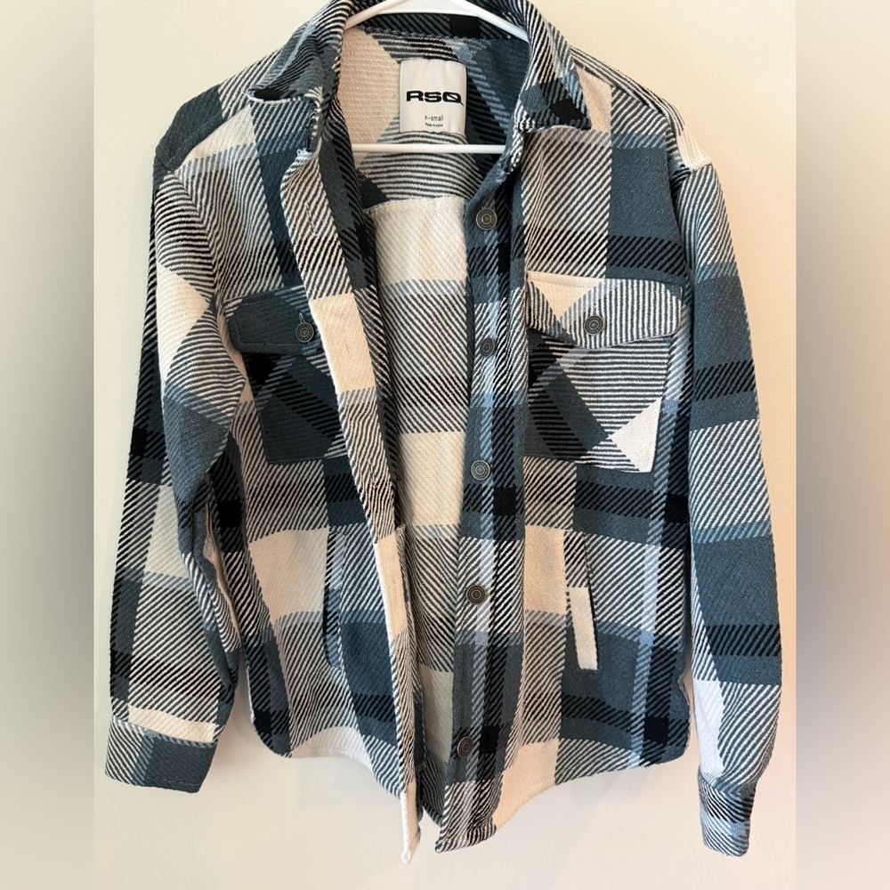 RSQ Plaid Button-Up Shacket in Teal & Cream